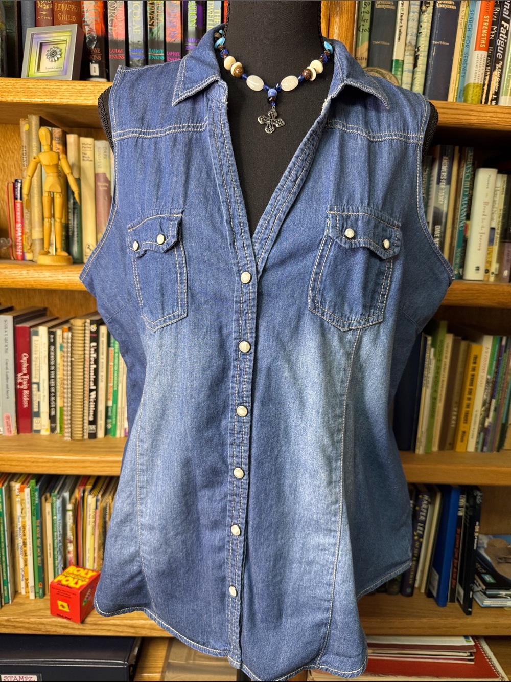Sleeveless Denim Button-Down Shirt in Med Distressed Blue